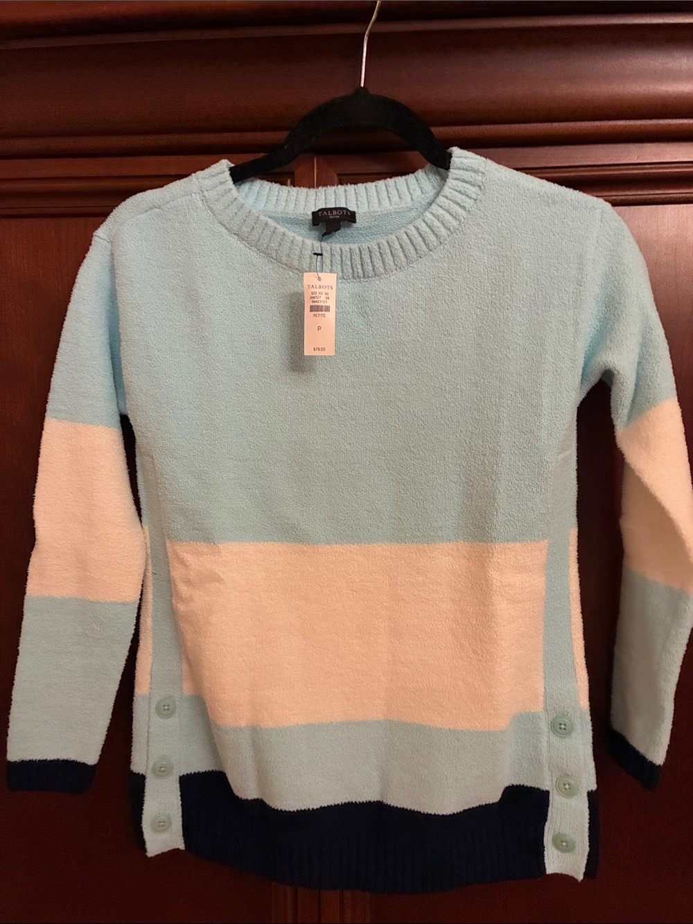 Talbots Light Blue, Cream & Navy Colorblock Crewneck Sweater